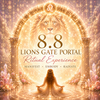 A glowing golden digital artwork of a lion face framed by an ornate circular portal, with a seated woman facing forward in the center. Text reads '8.