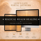 Digital download listing for 'Lion's Gate Portal Artwork' featuring a mystical golden portal design displayed on a desktop monitor, tablet, and smartphone mockup. The design includes a lion's head silhouette in the background and text overlays such as 'Magical Realm Healing' and 'Purchase to Receive the Full Image'.