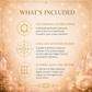 An informational graphic titled 'WHAT'S INCLUDED' on a warm beige and gold glittery background, listing three included items: a personal 8.8 portal ritual, a lions gate activation journey guide, and 8.