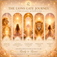 A decorative poster-style graphic titled 'THE LIONS GATE JOURNEY' with five glowing arch panels showing lions, women, mountains, and radiant light. Text reads '5 STEPS TO ALIGN, ACTIVATE & RISE' and 'READY TO RECEIVE.