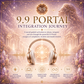 Promotional graphic for a 9.9 Portal Integration Journey, featuring a glowing golden portal, a pair of gold headphones, a woman in profile, and decorative crystals and pillars in a dreamy purple and gold aesthetic.