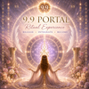 A mystical 9.9 Portal Ritual Experience featuring a priestess before a radiant portal of sacred geometry, light codes and glowing violet and gold energies representing spiritual completion, transformation, higher wisdom and new beginnings.